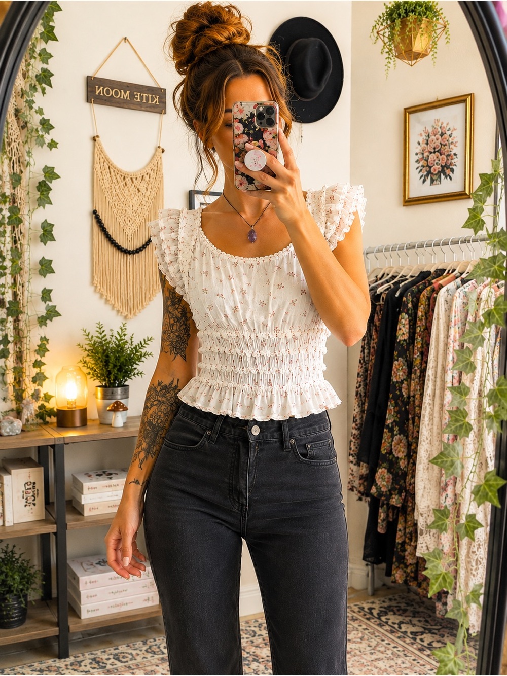 Smocked Ruffle Sleeve Floral Peplum Top - White
